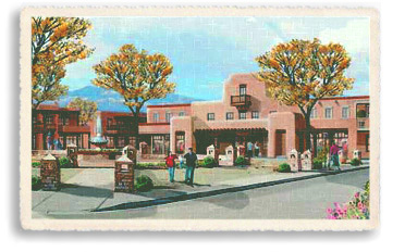 A vintage postcard recalls the atmosphere of the historic Santa Fe Plaza in earlier days (circa 1950s). Today, as then, the Plaza is the center of downtown Santa Fe: a place for locals and tourists alike to gather, socialize and shop for goods from the surrounding merchants. Many festivals and special events are held throughout the year on the Plaza.